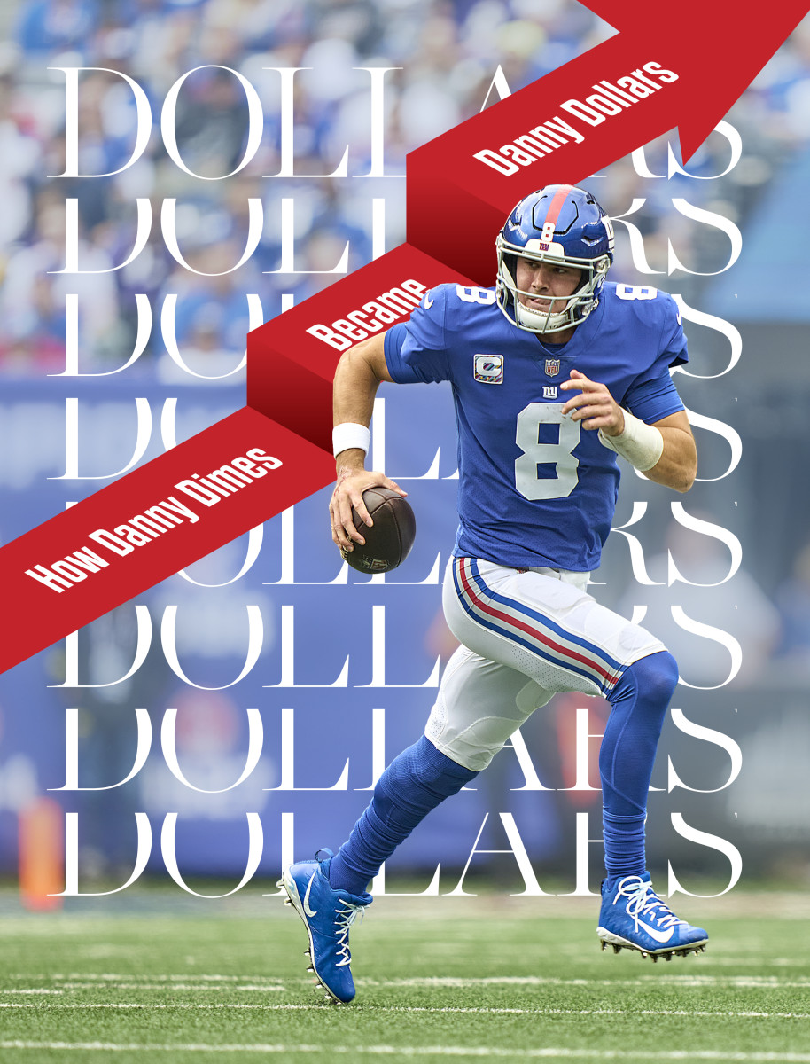 A graphic of Daniel Jones that says 'How Danny Dimes became Danny Dollars'