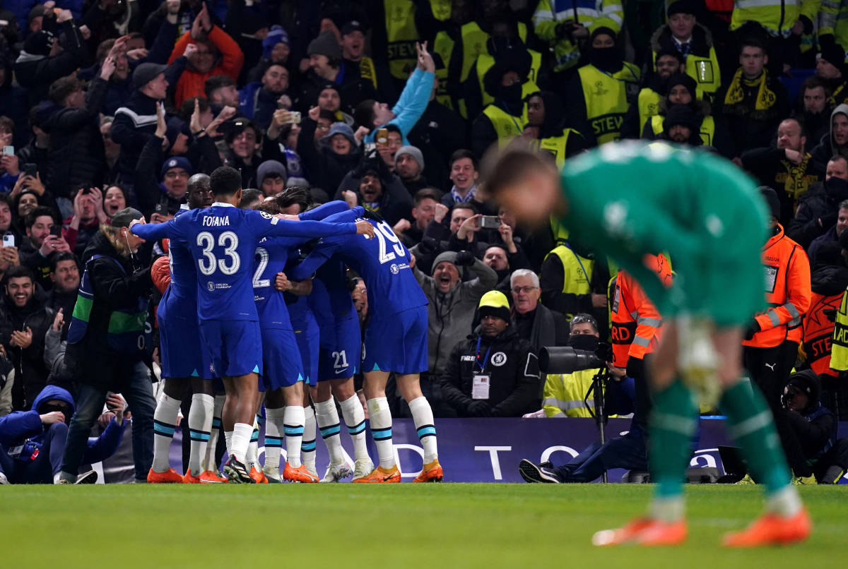 Players from Chelsea pictured celebrating a goal by Raheem Sterling against Borussia Dortmund in the second leg of their UEFA Champions League last 16 clash in March 2023