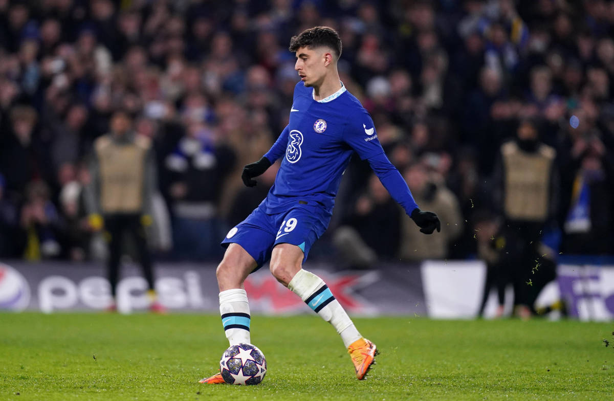 Kai Havertz pictured scoring from a penalty kick for Chelsea against Borussia Dortmund at Stamford Bridge in March 2023