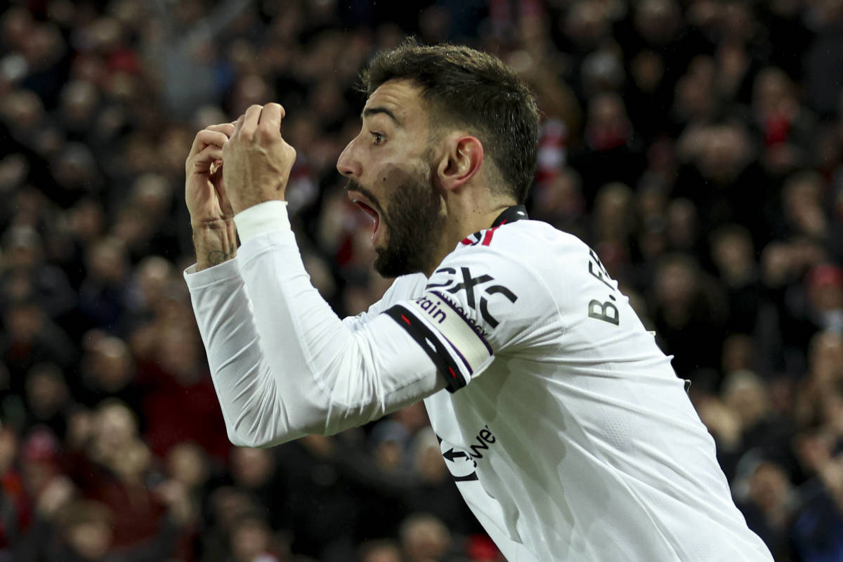Bruno Fernandes pictured wearing the Manchester United captain's armband during his team's 7-0 defeat at Liverpool in March 2023