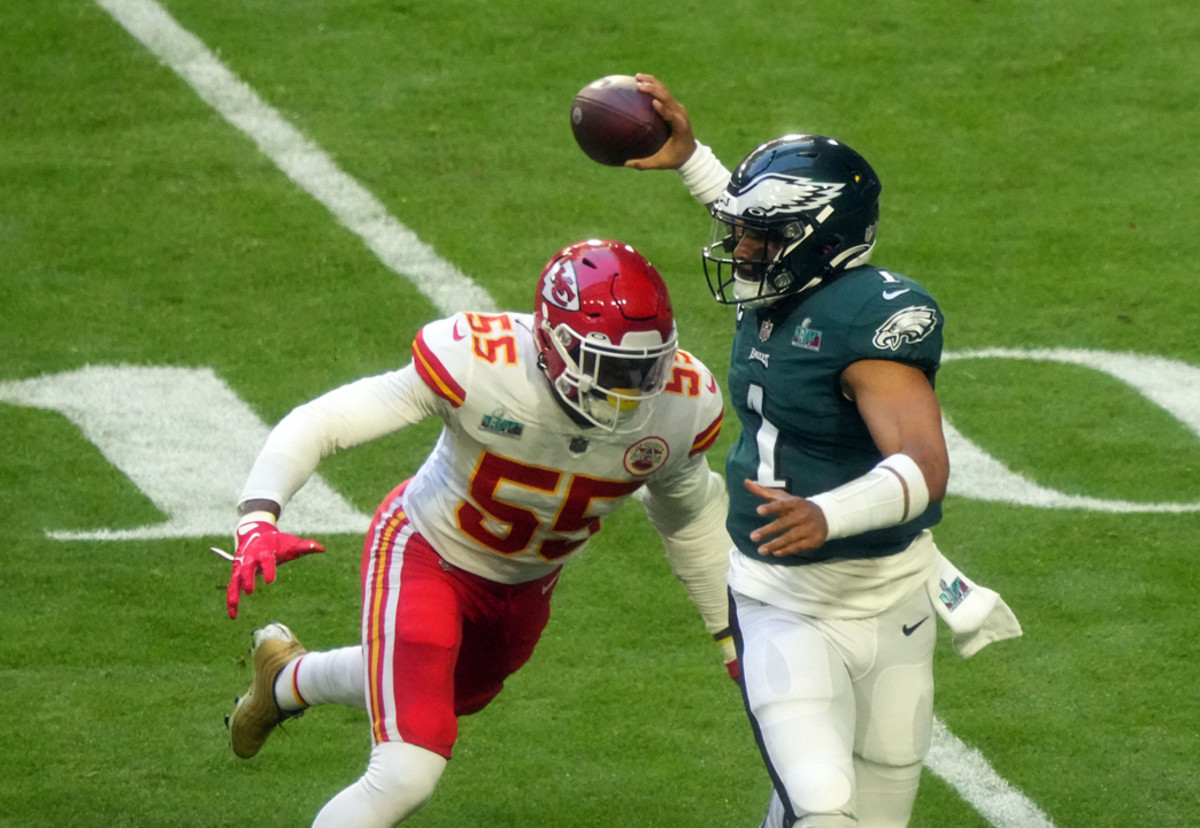 Kansas City Chiefs defensive lineman Frank Clark in pursuit of Jalen Hurts at Super Bowl.