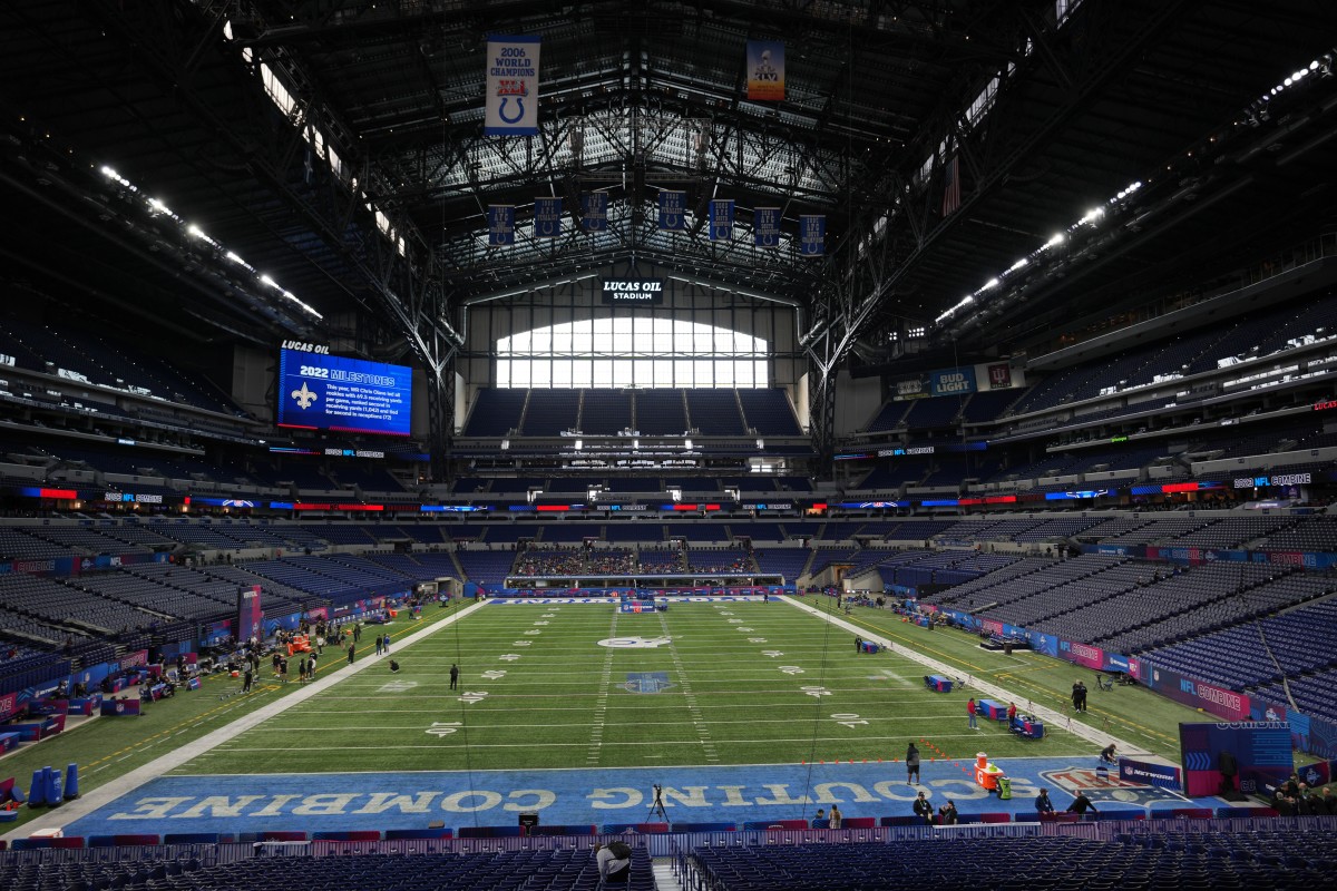 A wide shot of inside Lucas Oil Stadium, set up for the NFL scouting combine