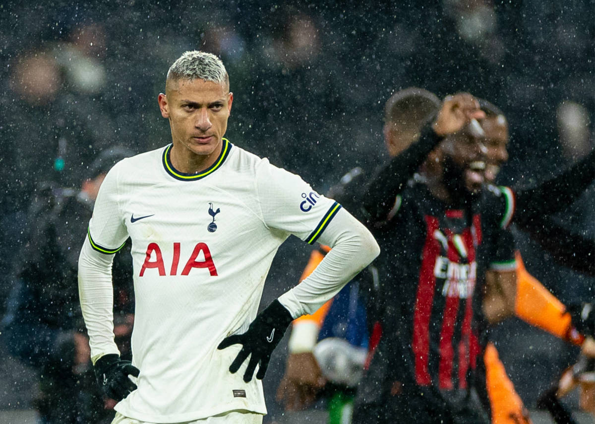 Richarlison pictured (left) looking dejected after Tottenham were knocked out of the Champions League by AC Milan in March 2023