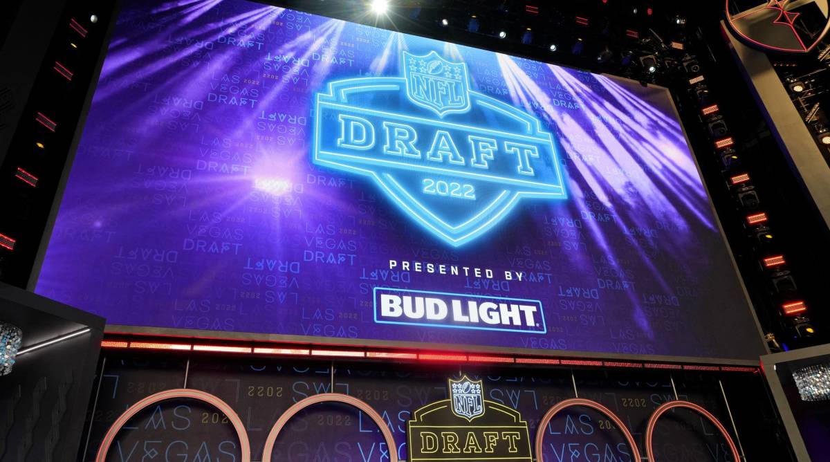 The NFL draft logo on a screen before round one begins.