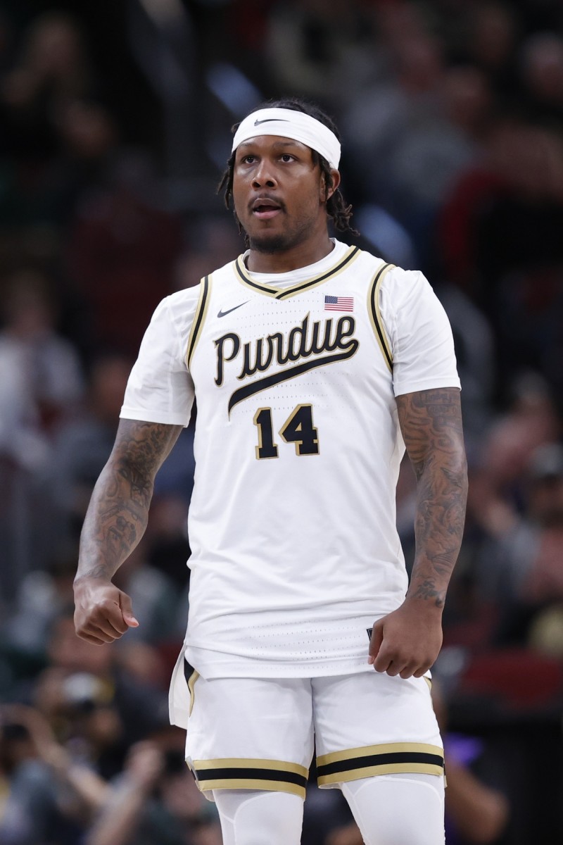 Purdue guard David Jenkins Jr. (14) reacts after scoring against Rutgers during the first half at the United Center. (Kamil Krzaczynski-USA TODAY Sports) 