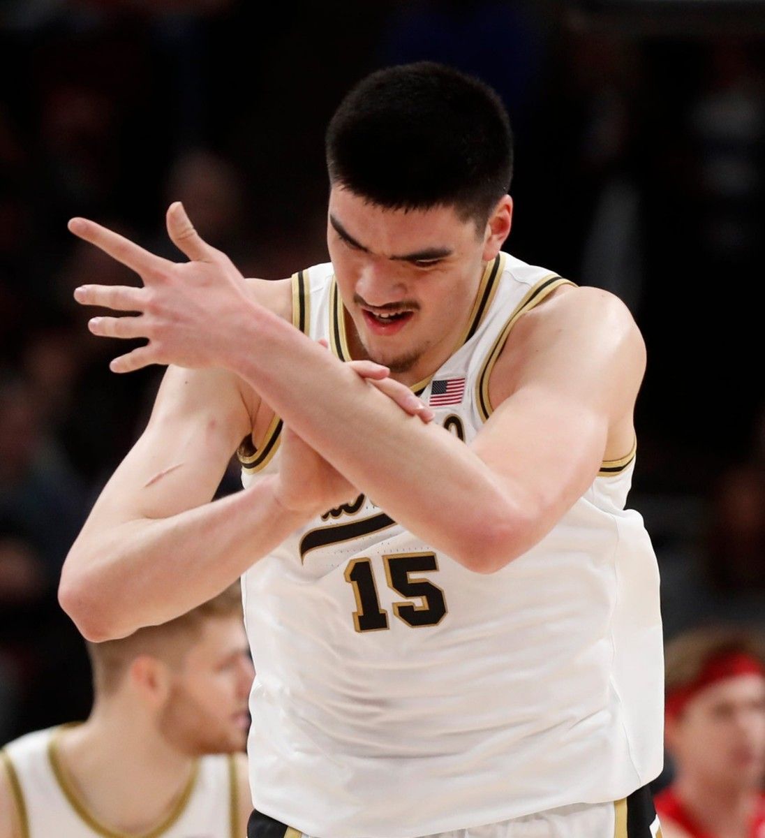 Zach Edey (15) reacts to a play during the Big Ten Men s Basketball Tournament.