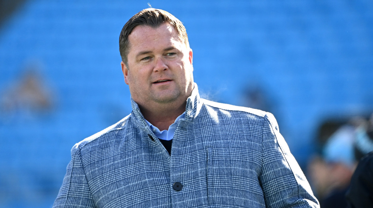 Panthers general manager Scott Fitterer during warm ups at Bank of America Stadium.