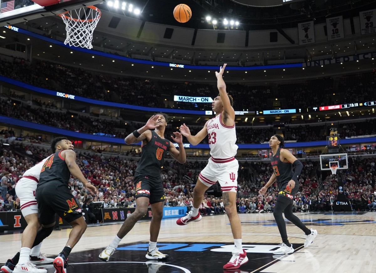 Trayce Jackson-Davis (23) shoots over Maryland Terrapins forward Julian Reese (10) during the first half at United Center.