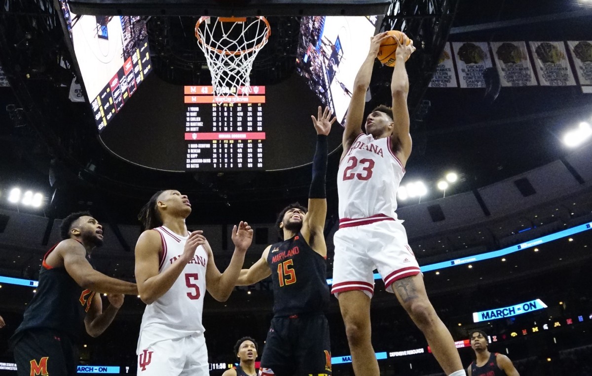 Trayce Jackson-Davis (23) shoots over Maryland Terrapins forward Patrick Emilien (15) during the second half at United Center.