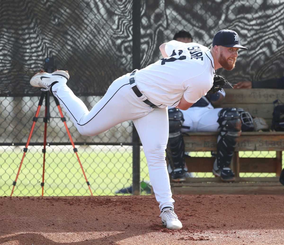Detroit Tigers pitching prospect Logan Shore warms up before throwing live batting practice during spring training. (2022)