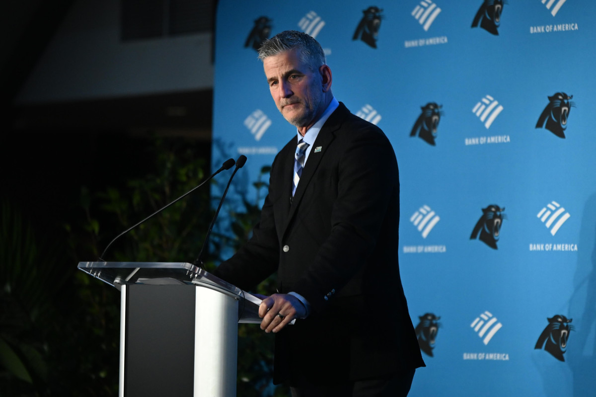 Jan 31, 2023; Charlotte, NC, USA; Carolina Panthers head coach Frank Reich speaks at his introductory press conference at Bank of America Stadium.
