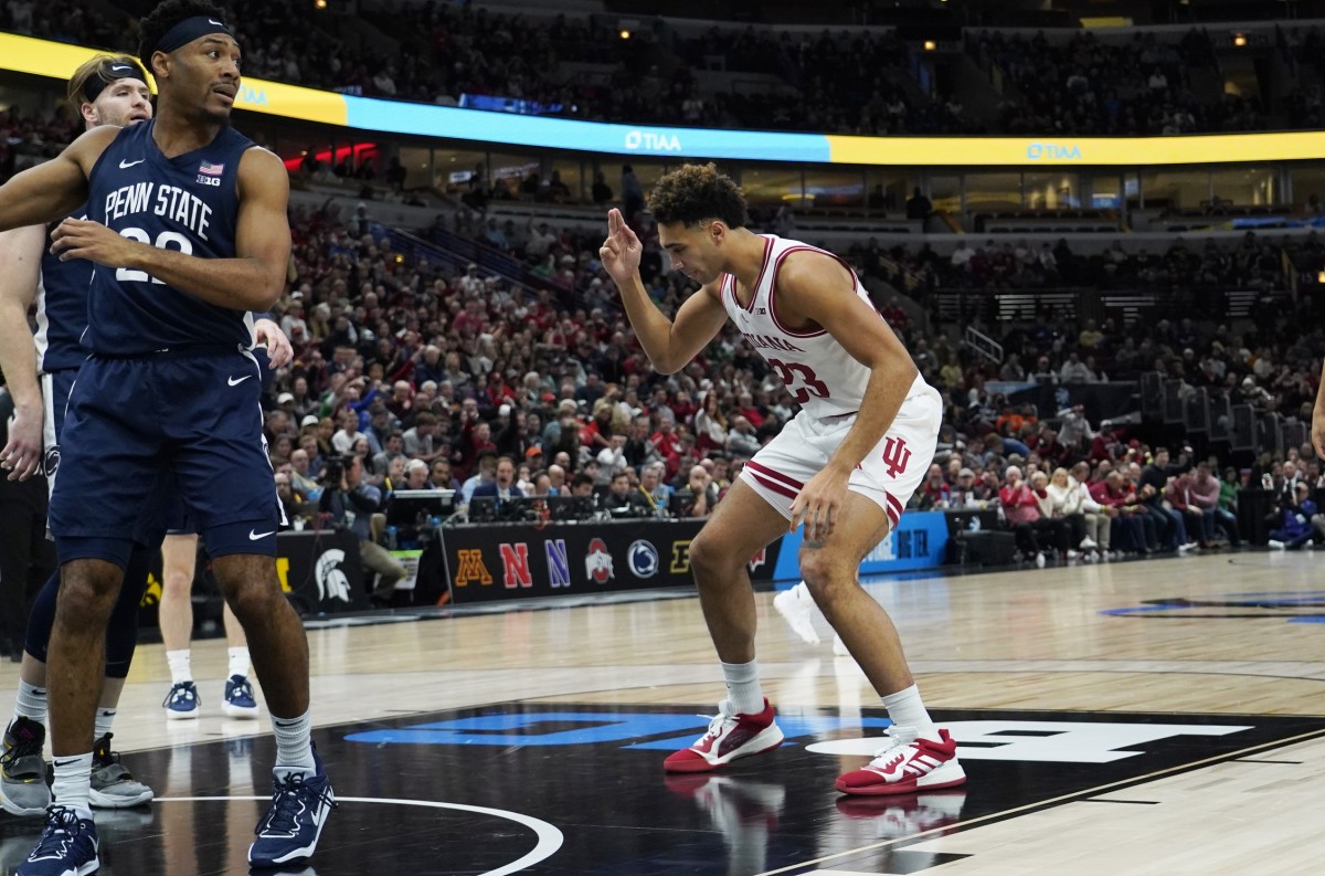 Trayce Jackson-Davis (23) gestures after making a basket against the Penn State Nittany Lions during the first half at United Center.