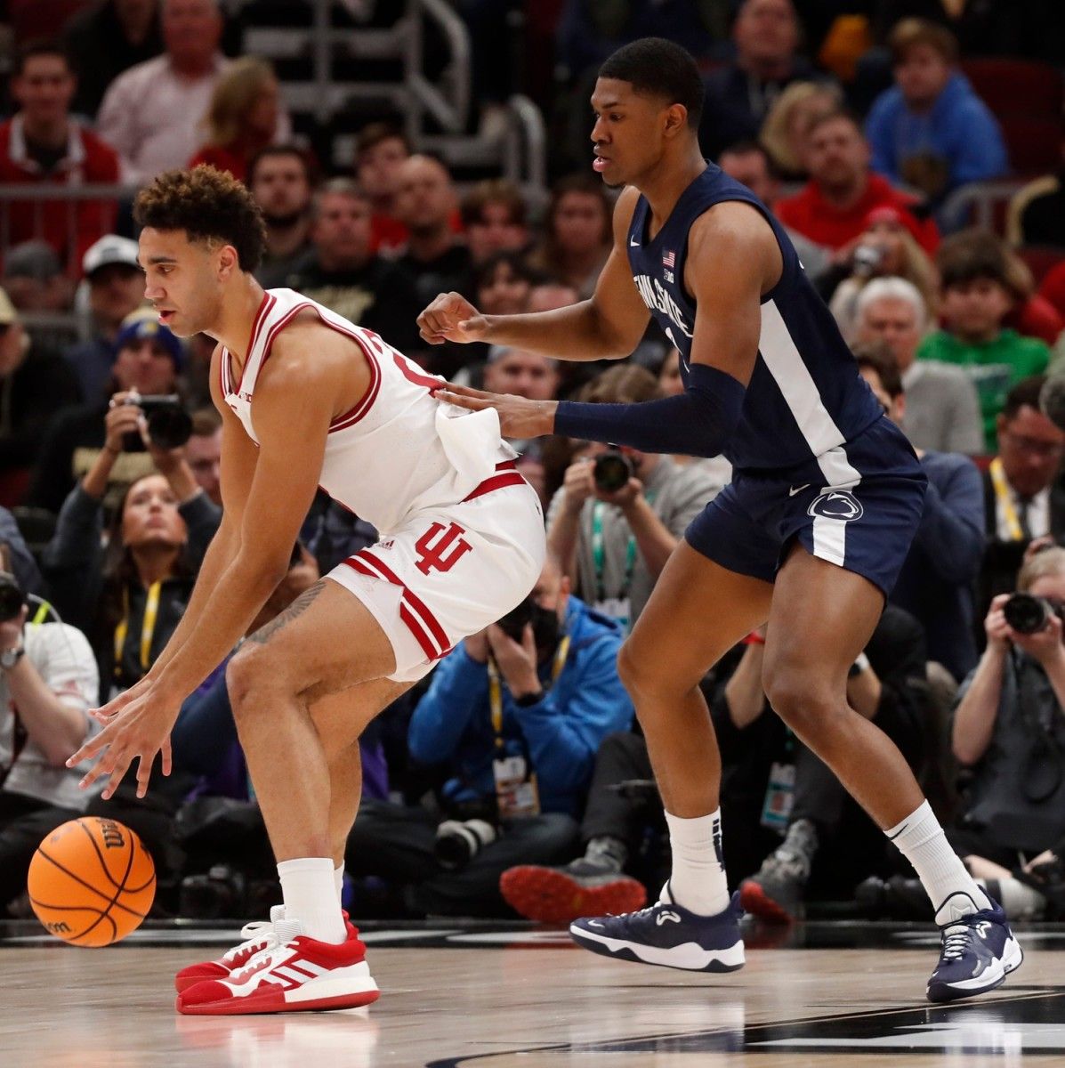 Trayce Jackson-Davis (23) is defended by Penn State Nittany Lions forward Kebba Njie (3) during the Big Ten Men s Basketball Tournament semifinal game.