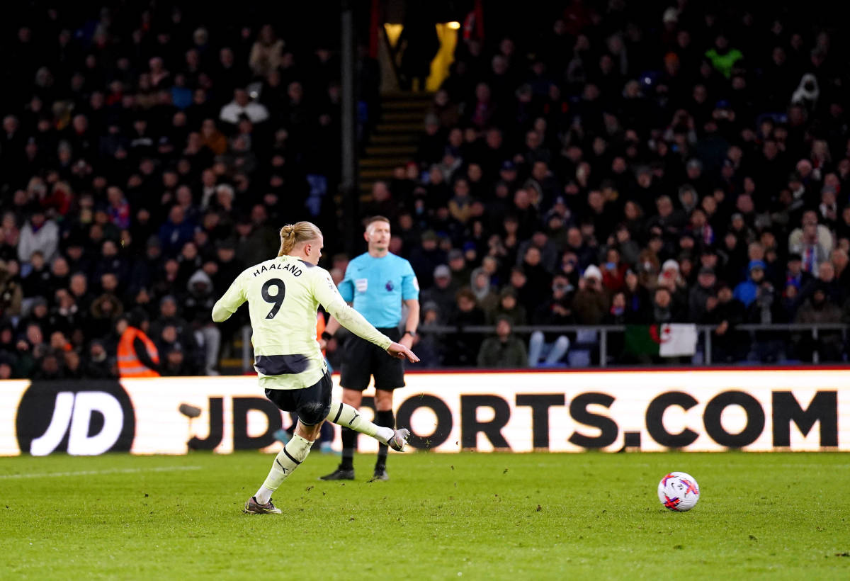 Erling Haaland pictured scoring from a penalty kick during Manchester City's 1-0 win at Crystal Palace in March 2023
