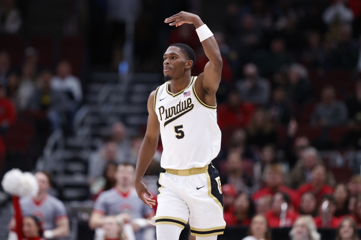 Purdue Boilermakers guard Brandon Newman (5) reacts after scoring against the Ohio State Buckeyes during the first half at United Center.