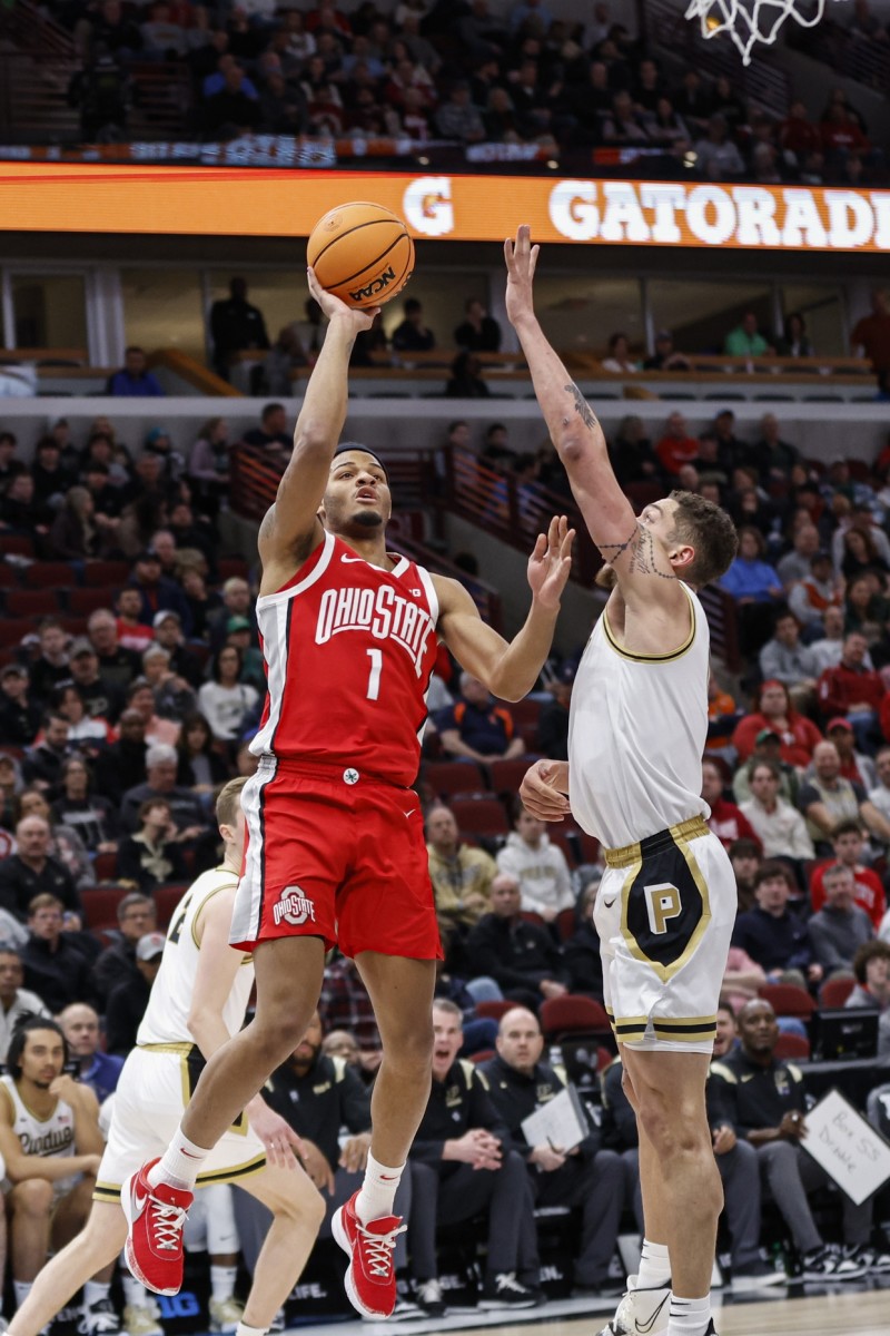 Ohio State Buckeyes guard Roddy Gayle Jr. (1) shoots against Purdue Boilermakers forward Mason Gillis (0) during the first half at United Center.