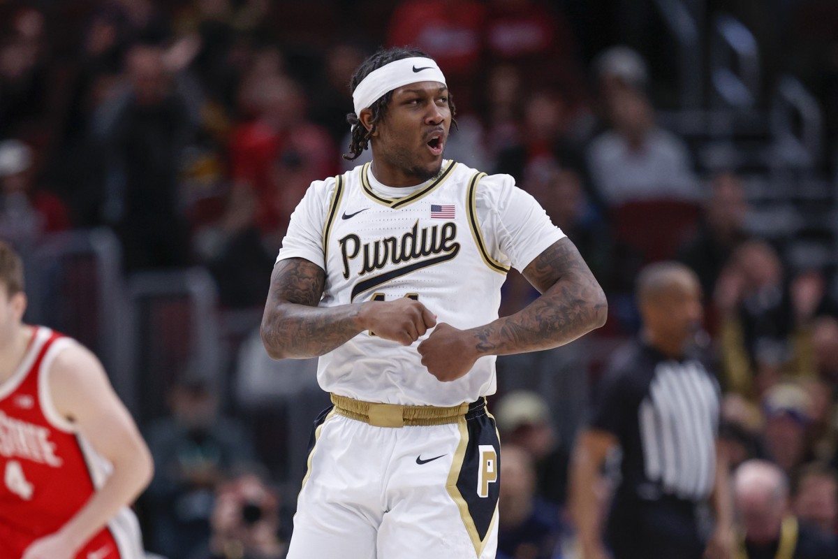 Purdue Boilermakers guard David Jenkins Jr. (14) celebrates after scoring against the Ohio State Buckeyes during the first half at United Center.