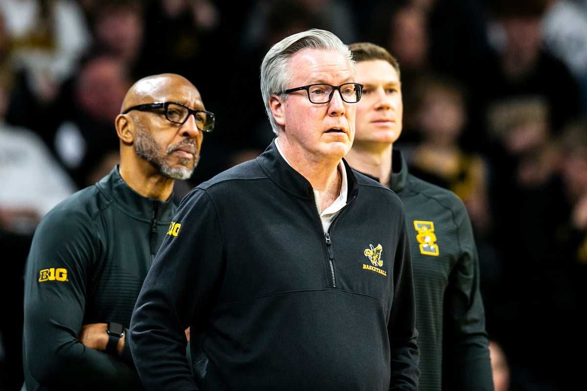 Iowa head coach Fran McCaffery, center, watches during a NCAA Big Ten Conference men's basketball game against Nebraska, Sunday, March 5, 2023, at Carver-Hawkeye Arena in Iowa City, Iowa. 230305 Nebraska Iowa Mbb 022 Jpg