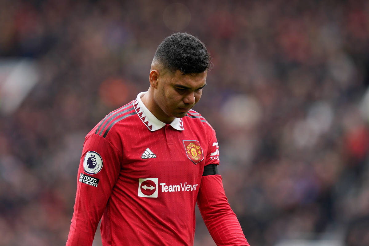 Manchester United midfielder Casemiro pictured leaving the pitch after being sent off against Southampton in March 2023