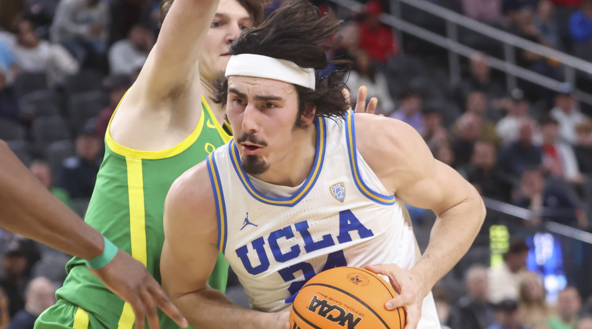UCLA forward Jaime Jaquez drives to the basket during the 2023 Pac-12 tournament