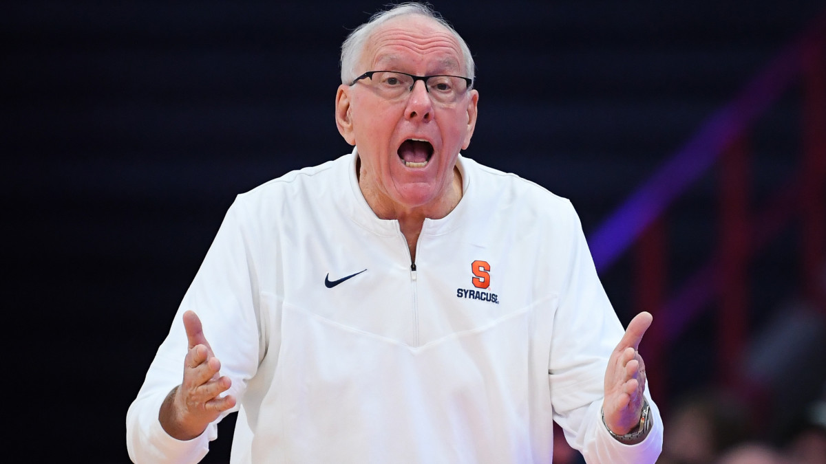 Syracuse men’s basketball coach Jim Boeheim reacts to a call during a game against Boston College in late 2022.