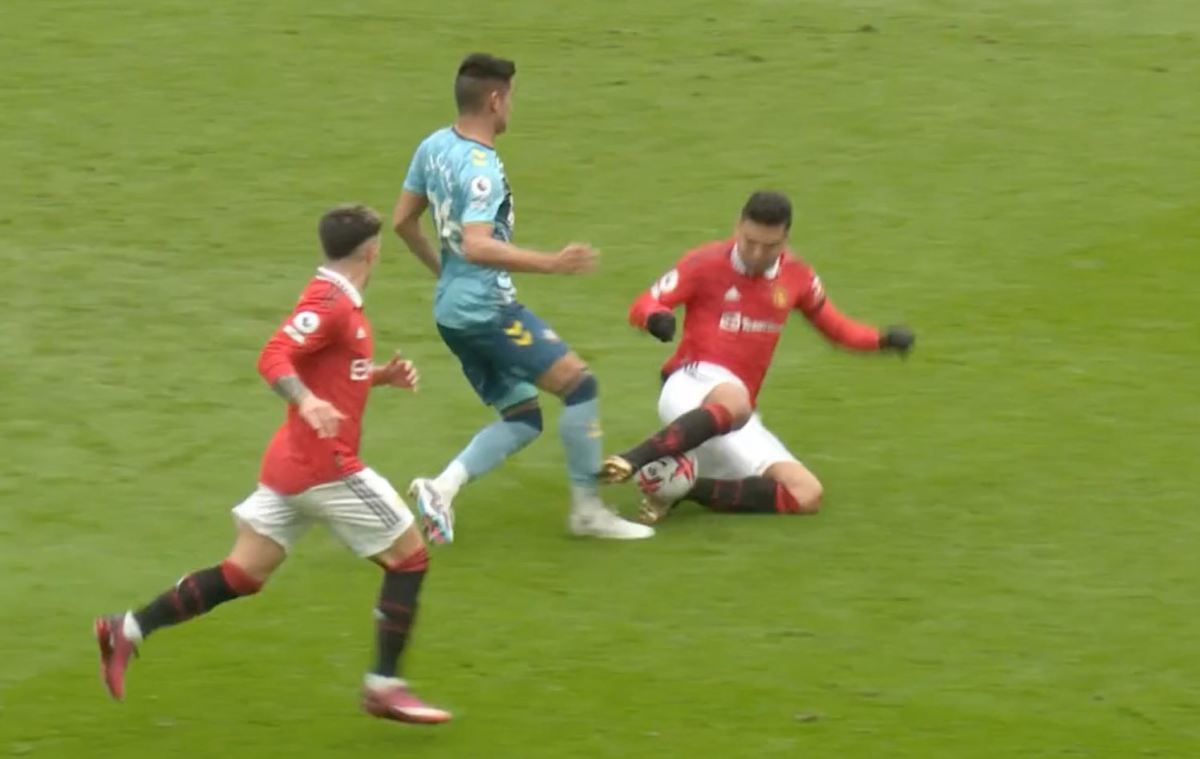 Casemiro pictured (right) fouling Carlos Alcaraz during Manchester United's 0-0 draw with Southampton in March 2023