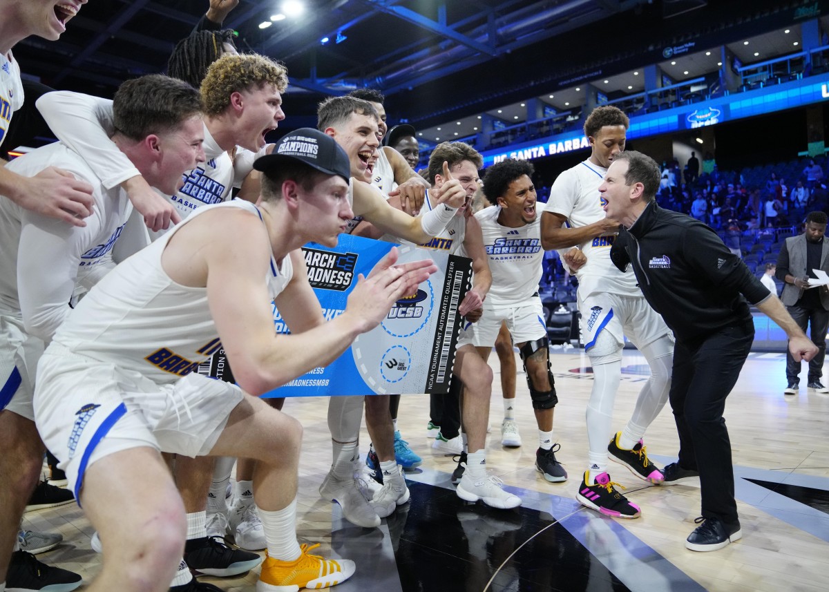 UC Santa Barbara coach Joe Pasternack and players celebrate their men’s Big West Tournament win