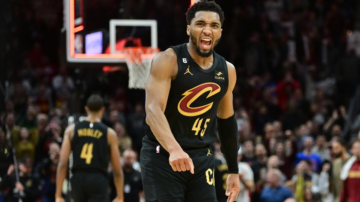 Cleveland Cavaliers guard Donovan Mitchell celebrates a play.