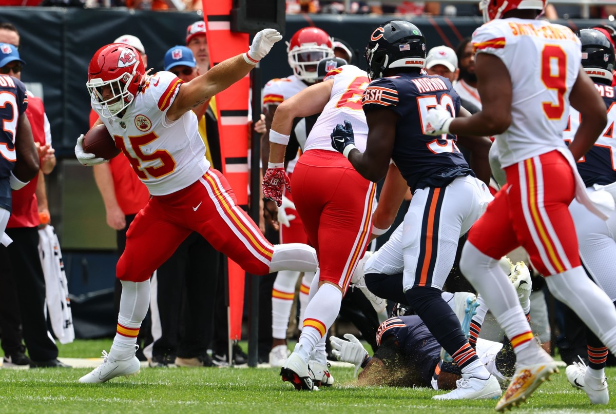 Kansas City Chiefs fullback Michael Burton (45) rushes the ball against the Chicago Bears during the first quarter at Soldier Field.
