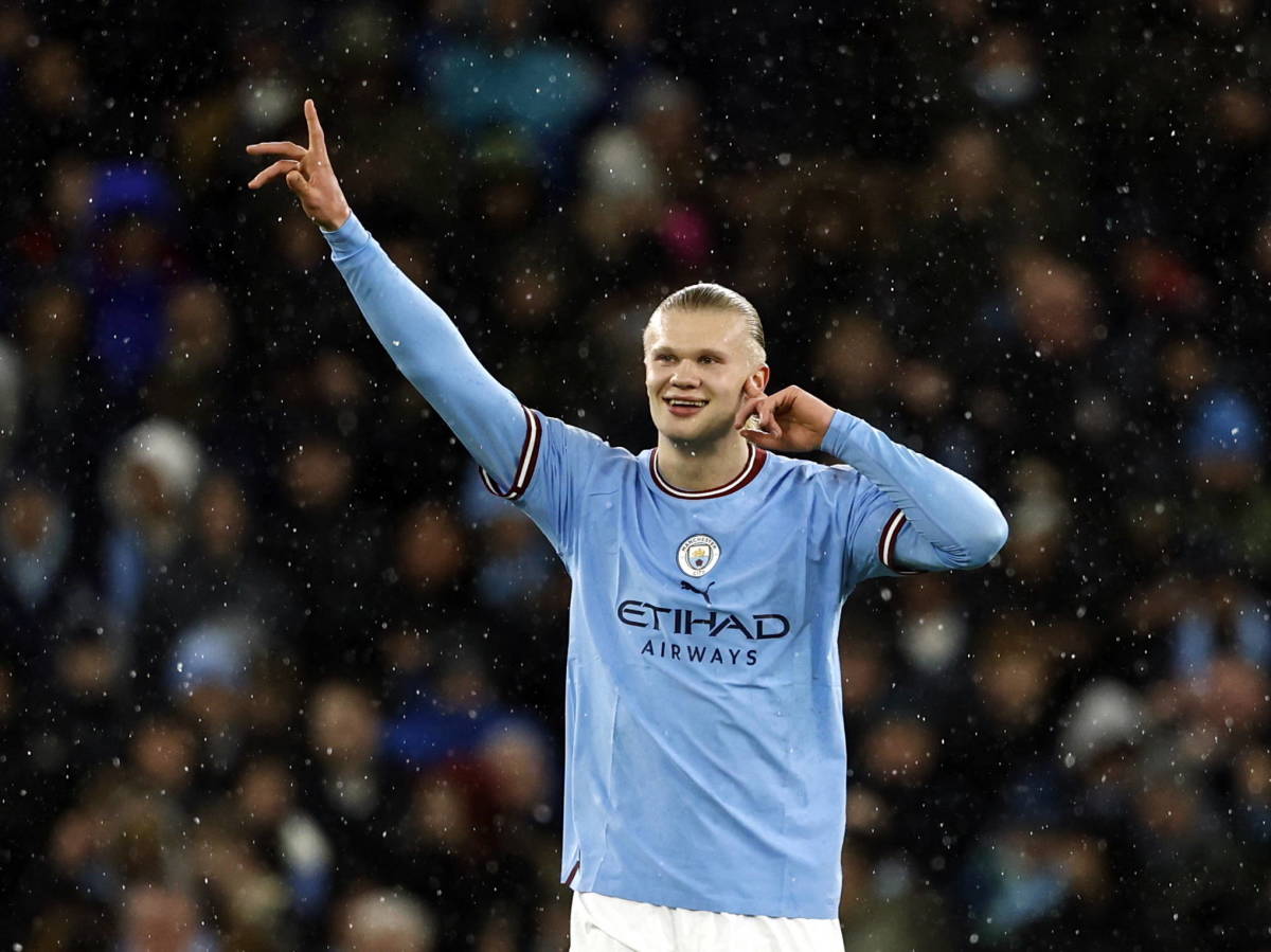 Erling Haaland pictured celebrating one of his goals during Manchester City's win over RB Leipzig in the second leg of their round of 16 clash in March 2023