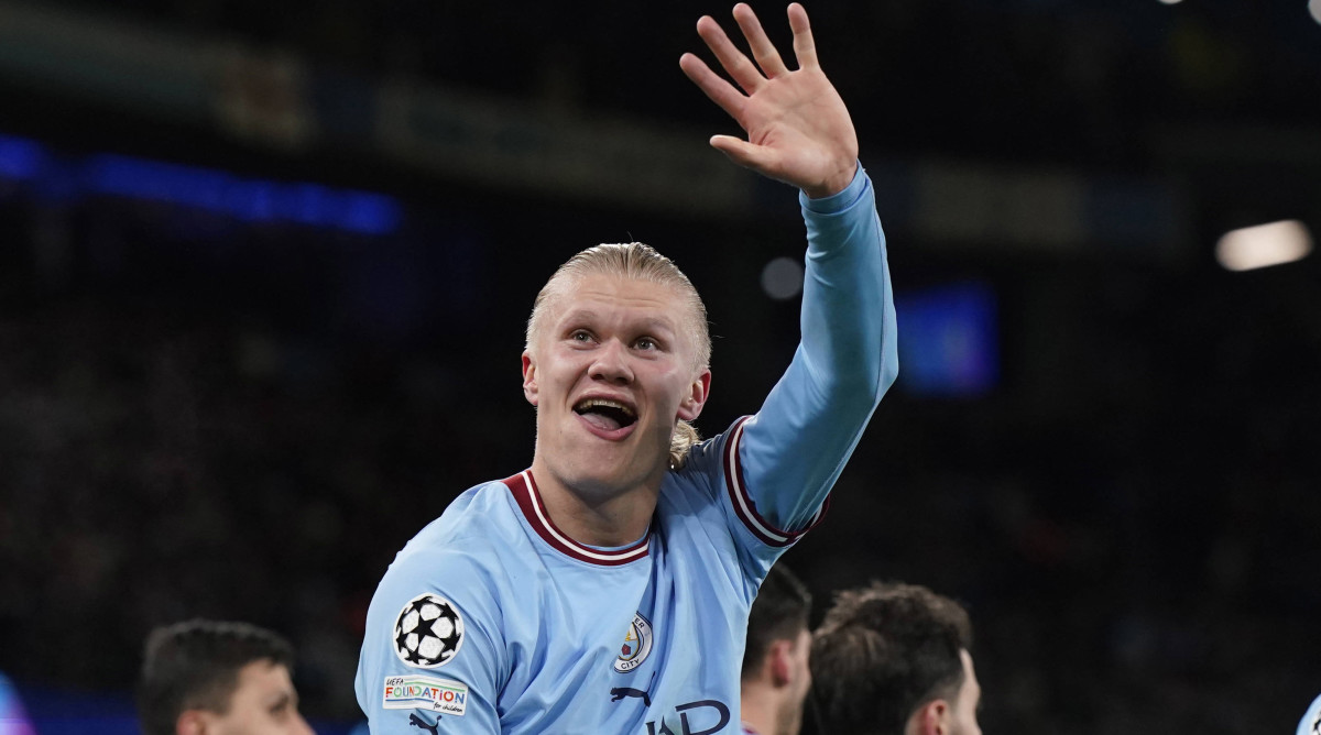Erling Haaland celebrates a Champions League goal.
