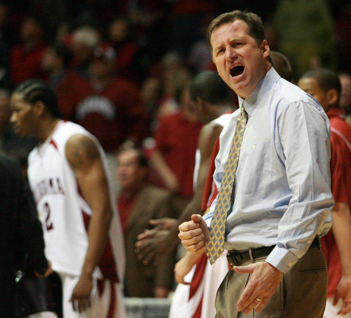 Alabama Crimson Tide head coach Mark Gottfried is upset with the officiating during a game against the South Carolina Gamecocks during the second half at Coleman Coliseum in 2007. The Gamecocks won 64-61.