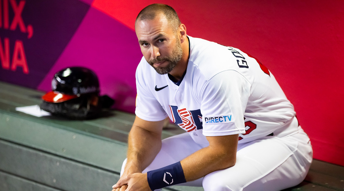 Paul Goldschmidt sits in the dugout for Team USA at the World Baseball Classic.