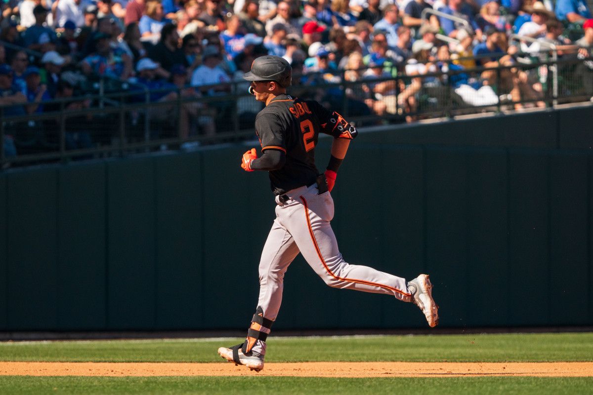 SF Giants catcher Blake Sabol celebrates after hitting a home run in the fourth inning during a spring training game against the Chicago Cubs at Sloan Park. (2023)