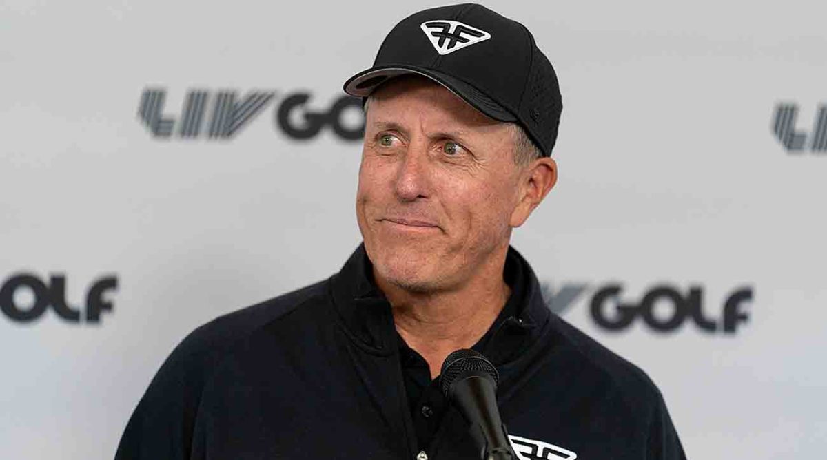 Phil Mickelson is pictured at a press conference prior to the LIV Golf Tucson event on March 15, 2023.