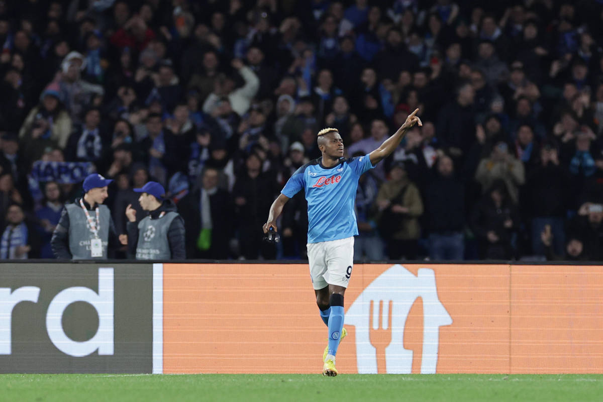 Victor Osimhen pictured celebrating after scoring the 50th goal of his Napoli career in March 2023