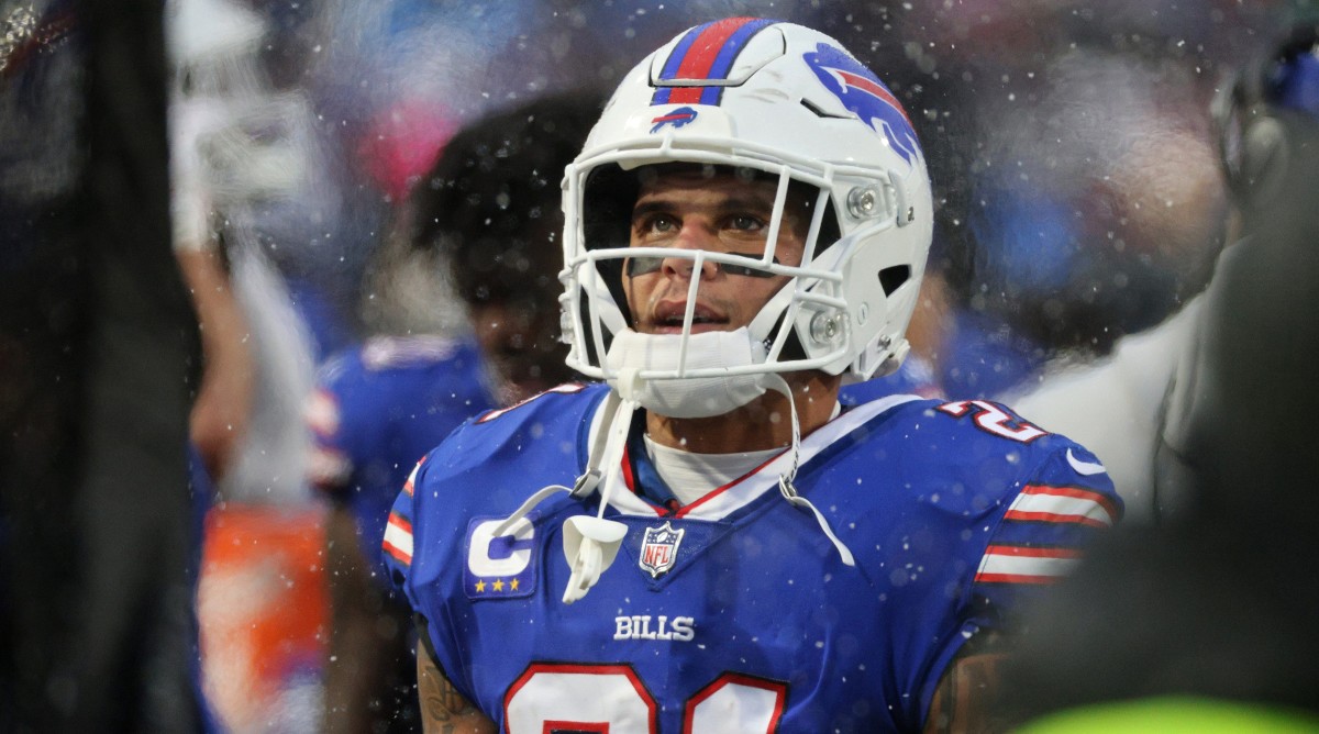Bills safety Jordan Poyer stands on the sideline during a game against the Jets.