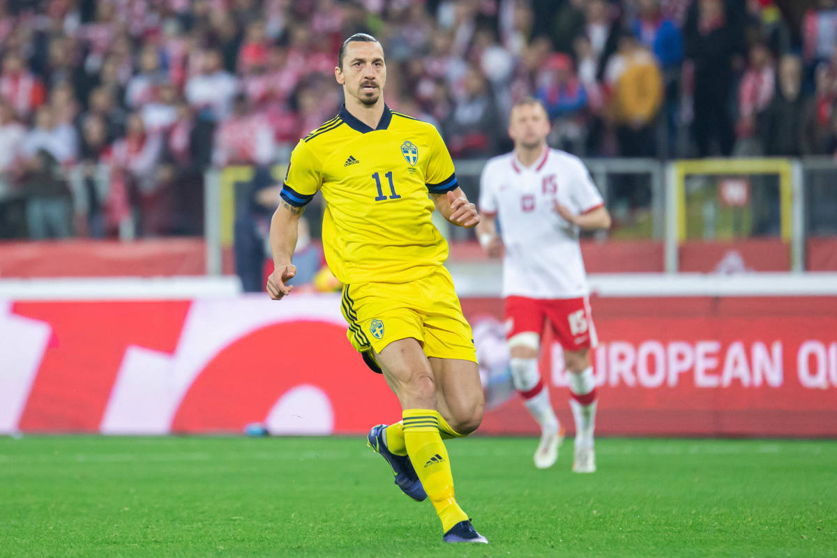 Zlatan Ibrahimovic pictured playing for Sweden against Poland in March 2022