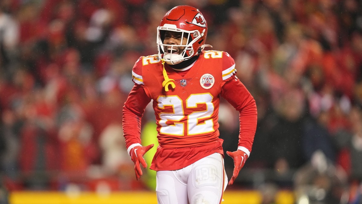 Kansas City Chiefs safety Juan Thornhill (22) reacts after the Jacksonville Jaguars fumble during the second half in the AFC divisional round game at GEHA Field at Arrowhead Stadium.