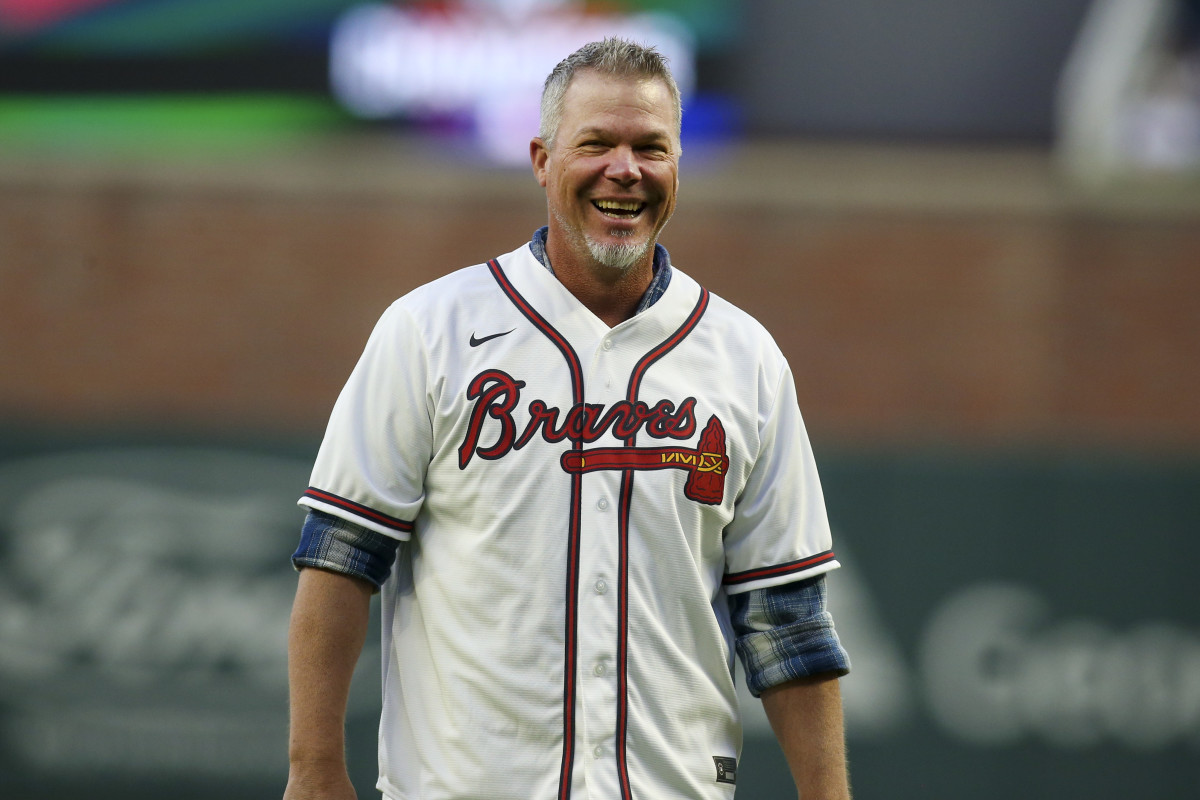 Apr 7, 2022; Atlanta, Georgia, USA; Former Atlanta Braves third baseman Chipper Jones throws out the ceremonial first pitch before the game on Opening Day against the Cincinnati Reds at Truist Park. Mandatory Credit: Brett Davis-USA TODAY Sports