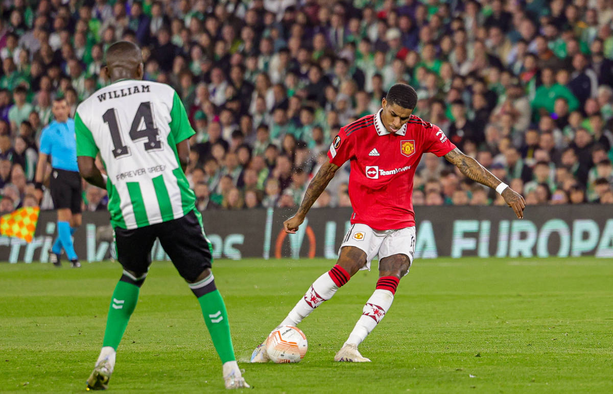 Marcus Rashford pictured (right) scoring his 25th European goal for Manchester United, in a game against Real Betis in March 2023