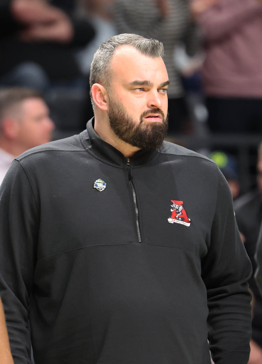 Mar 16, 2023; Birmingham, AL, USA; Alabama Crimson Tide assistant coach Bryan Hodgson during the first half in the first round of the 2023 NCAA Tournament against the Texas A&M-CC Islanders at Legacy Arena. Mandatory Credit: Vasha Hunt-USA TODAY Sports
