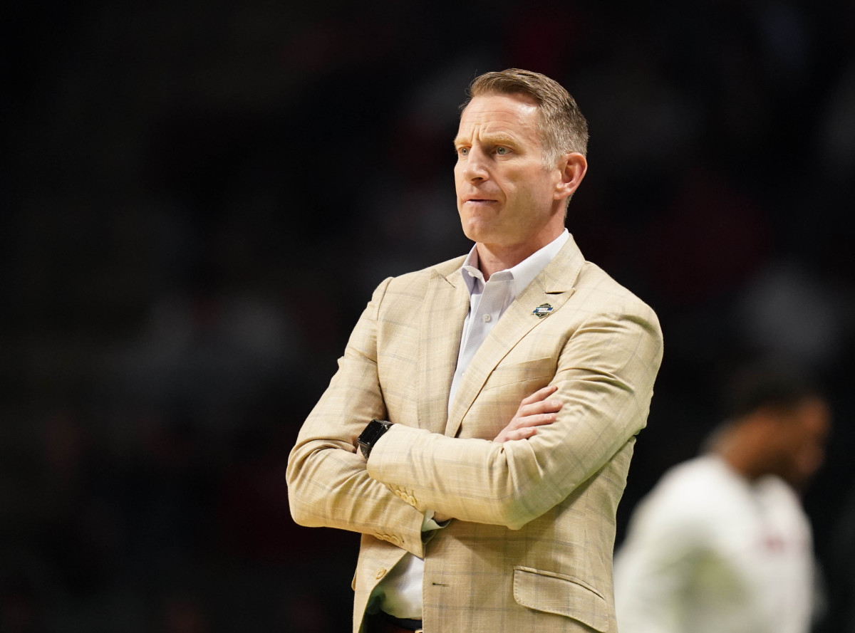 Mar 16, 2023; Birmingham, AL, USA; Alabama Crimson Tide head coach Nate Oats reacts against the Texas A&M-CC Islanders during the first half in the first round of the 2023 NCAA Tournament at Legacy Arena. Mandatory Credit: Marvin Gentry-USA TODAY Sports
