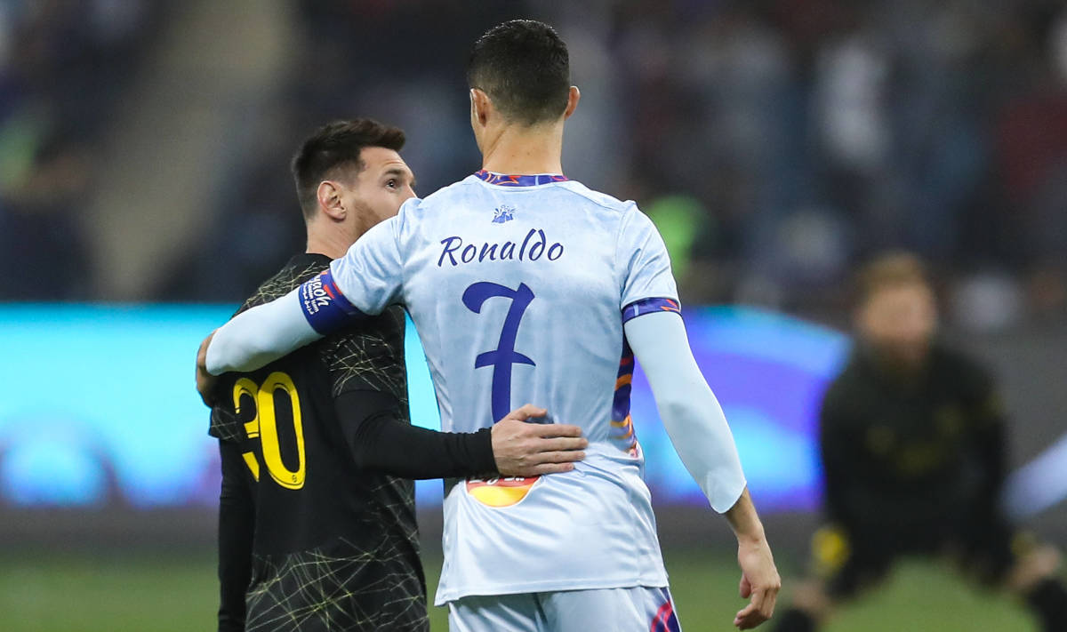 Lionel Messi (left) and Cristiano Ronaldo pictured embracing during a friendly game between PSG and a Saudi Pro League all-star XI in January 2023