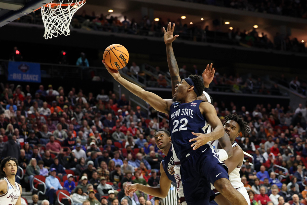 Penn State's Jalen Pickett drives for a shot against Texas A&M in the NCAA Tournament.