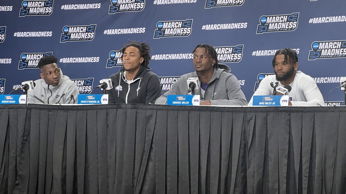 TCU's Damion Baugh, Chuck O'Bannon Jr, Emanuel Miller, and Mike Miles Jr meet with the media on Thursday in Denver.