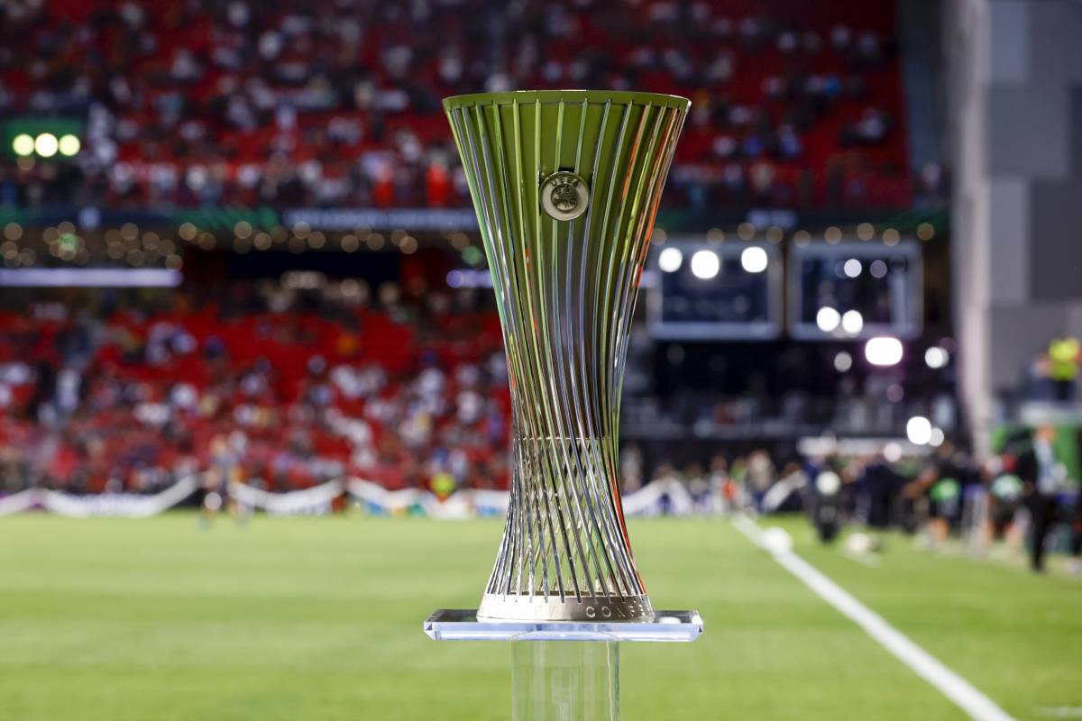 The UEFA Europa Conference League trophy pictured on display in Tirana, Albania ahead of the 2022 final
