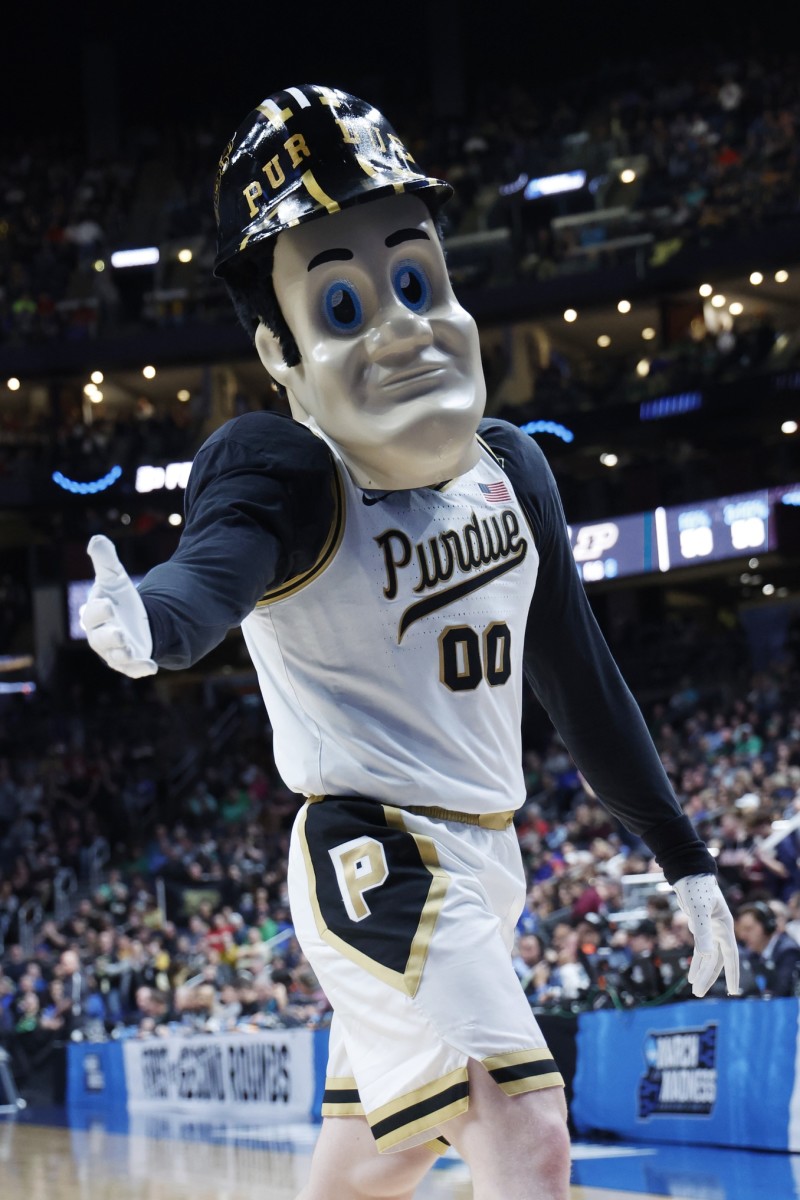 Purdue Pete shows off in the first half against the Fairleigh Dickinson Knights at Nationwide Arena.