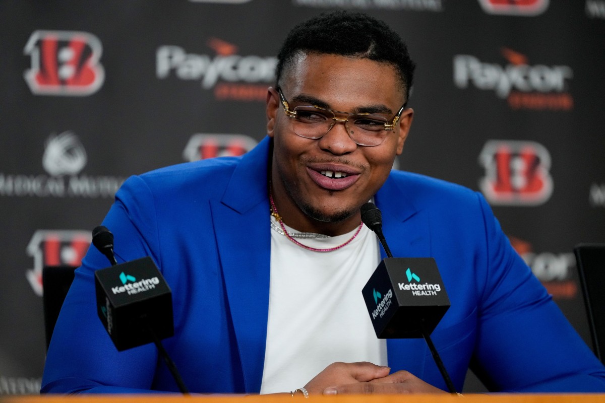 Newly signed Cincinnati Bengals offensive tackle Orlando Brown Jr. gives his first press conference after signing with the team at Paycor Stadium in downtown Cincinnati on Friday, March 17, 2023. Brown is expected to play left tackle and will wear No. 75 in the upcoming season. Cincinnati Bengals Sign Orlando Brown Jr