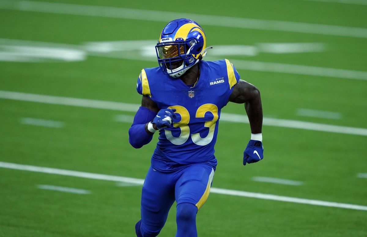 Aug 22, 2020; Inglewood California, USA; Los Angeles Rams safety Nick Scott (33) during a scrimmage at SoFi Stadium. Mandatory Credit: Kirby Lee-USA TODAY Sports